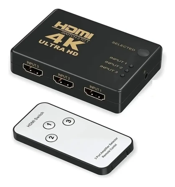 SWITCH SELECTOR HDMI 4K 1 A 3 PUERTOS DE ENTRADA CONTROL REMOTO